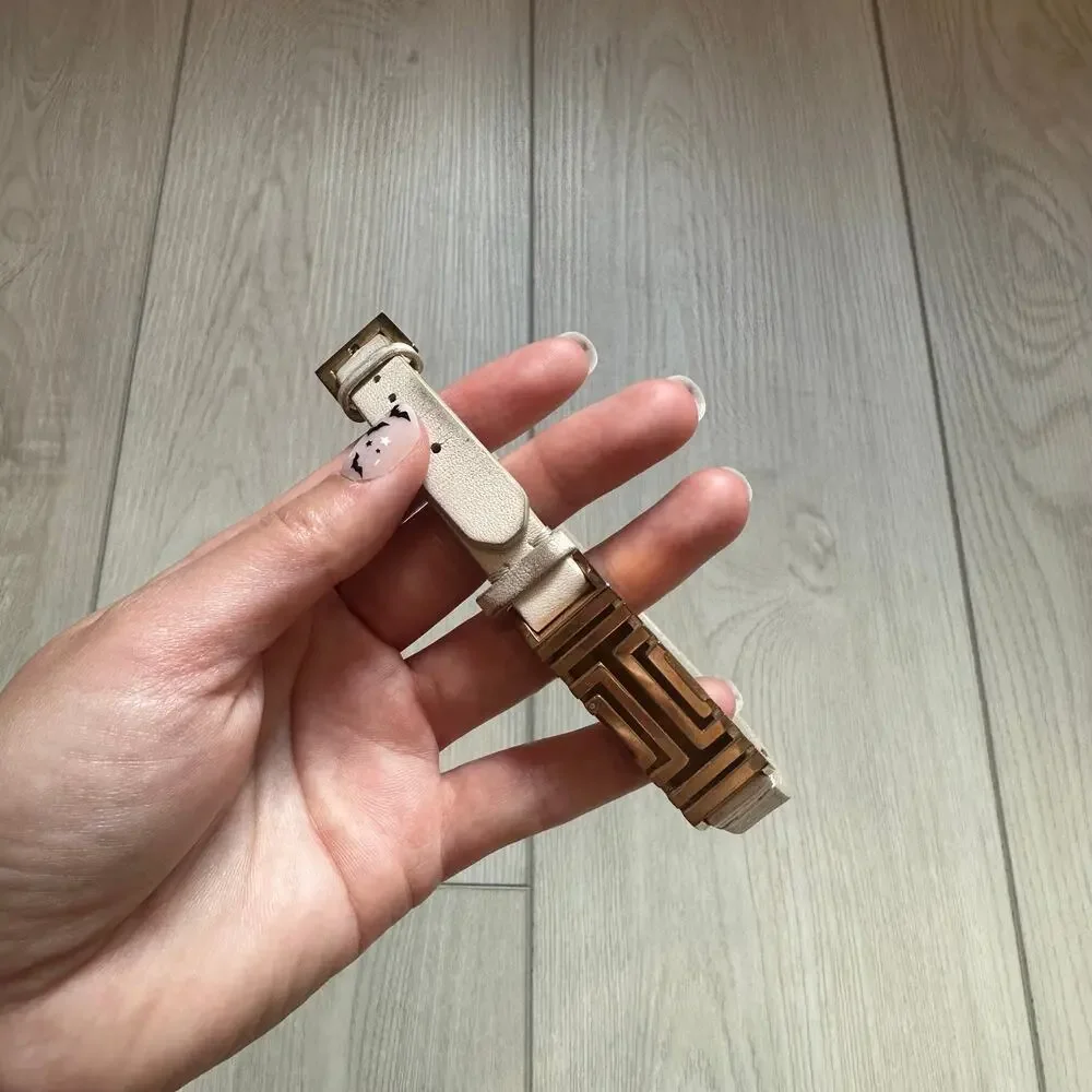 Tory Burch x Fitbit Fret cream gold leather double wrap buckle bracelet